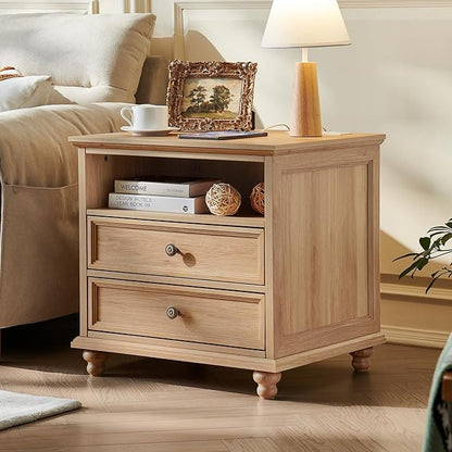 24" Wide Farmhouse Nightstand Set of 2 with Charging Station,End Table with 2 Drawers,Natural Wood Dresser for Bedroom Cabinet, Bed Side Table Chest of Drawers, Night Stand for Living Room