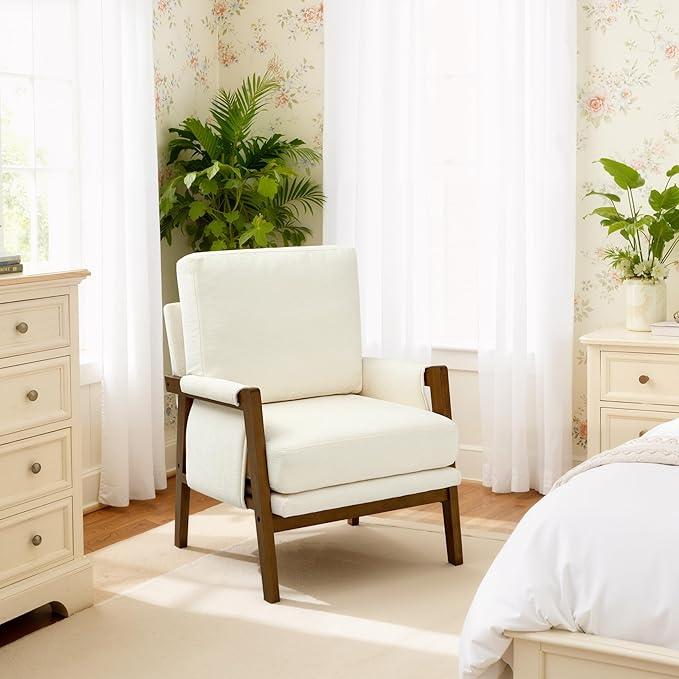 Accent Chairs for Living Room Set of 2, Modern Arm Chairs for Bedroom, Wooden Upholstered Mid Century Accent Chairs, Cream White