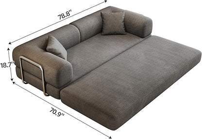 79" Convertible Sofa Bed, Corduroy Folding Pull Out Couch with Pillows, No Assembly Modern Boneless Couch Compression Sofa in Box, Floor Sofa with Support Rods for Living Room,Grey