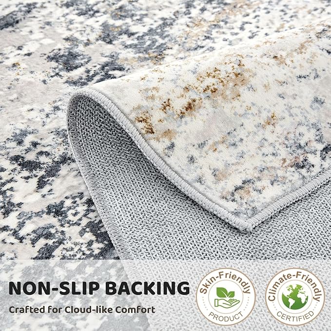 3x10 Washable Runner Rug for Hallway: Soft Neutral Modern Abstract Low Pile Rug Indoor - Carpet for Bedroom Dining Room Kitchen Entryway - Beige Blue