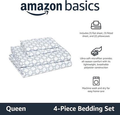 Amazon Basics Lightweight Microfiber 4-Piece Bed Sheet Set, Aqua, Printed, Queen