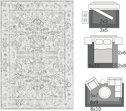 jinchan Lima Washable Area Rug 3x5 Entryway Rug - Distressed Vintage Floral Ultra-Thin Low-Pile Soft Non-Shedding Indoor Floor Carpet for Kitchen Bedroom Entrance Laundry Living Room (3x5ft, Grey)