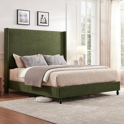Queen Bed Frame with 63" Tall Headboard, Horizontal Fine Corduroy Bed Frame with Wingback, Upholstered Platform Bed, Vintage Solid Wood Gourd Legs, No Box Spring Needed, Green