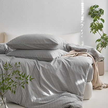 MooMee Striped Duvet Cover Set 100% Washed Cotton Linen Like Textured Breathable Durable Soft Comfy (Light Grey White Wide Stripes, Oversized Queen 98"x98")