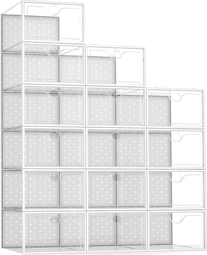 Pinkpum 15 Pack X-Large Shoe Storage Boxes Fit US Size 11, Shoe Organizer for Closet Clear Plastic Stackable Shoe Dispaly Case Holder Bins, Sneaker Storage for Sneakerheads White for Home and Family