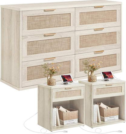 LEYAOYAO Rattan Dresser and Nightstand Sets 3 Piece, Boho Wood Dresser for Bedroom with 6 Drawers and Night Stand with Charging Station, Bedroom Furniture, Dressers & Chests of Drawers, Living Room