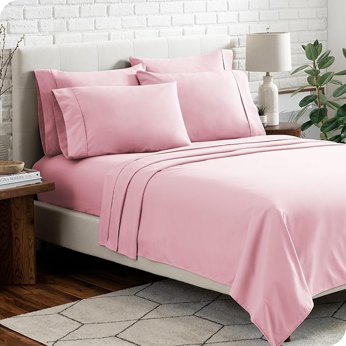 Bare Home Hotel Luxury Queen Sheet Set, Extra Soft - 6 Piece Set - Deep Pockets - Easy Fit - Cooling & Breathable - Wrinkle, Fade, Stain Resistant - Includes 4 Pillowcases (Queen, Light Pink)