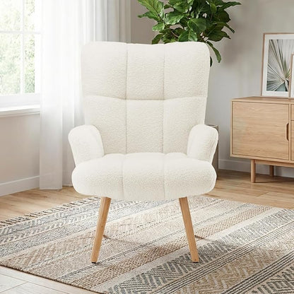 Joysoul Modern Accent Chair, High Back Arm Chair with Wood Legs Sofa Seat Teddy Fleece Fabric Reading Chair for Living Room Bedroom Waiting Room (White)