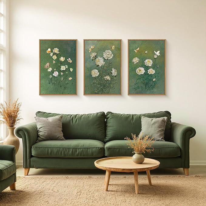 LHIUEM Vintage Moody White Roses Framed Canvas Wall Art,Abstract Flower Green Wall Decor,Nature Floral Butterfly Wall Painting,Aesthetic Blossom Artwork for Living Room,Dining Room,Office-16 x24 x3