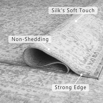 vivorug Runner Rug 2x10 Machine Washable Rug with Non-Slip Backing, Ideal for Kitchen Hallway Entryway Laundry Room - Vintage, Durable, Easy Clean, Low Pile Carpet Runner, Ivory/Silver