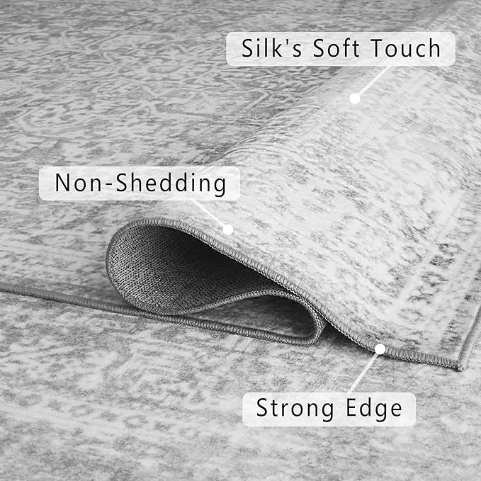 vivorug 4x6 Neutral Area Rugs, Stain Resistant Washable Rug for Living Room, Vintage-Inspired (Ivory/Silver, 4'x6')