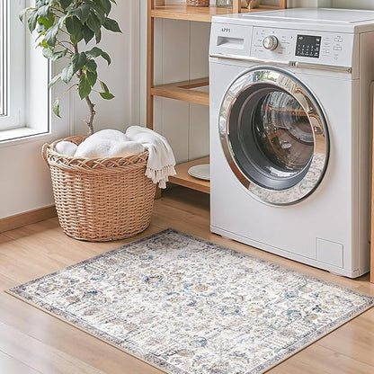jinchan Kalen Area Rug 2x3 Washable Entryway Rug Vintage Doormat Indoor Entrance Lightweight Thin Retro Distressed Door Mat Floral Print Country Boho Non Slip Carpet for Bathroom Kitchen Bedroom Blue