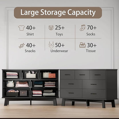 Dresser for Bedroom with 7 Drawer, Wood Modern Chest of Drawers with X-Shaped Sturdy Base, Wide Double Dresser Closet Clothes Storage Organizer, Wooden TV Stand for Living Room, Hallway, Black