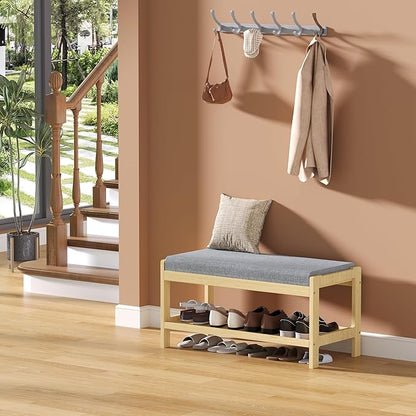 Shoe Bench Entryway, Solid Wood 2-Tier Shoe Rack Bench with Padded Seat, Shoe Organizer for Hallway Living Room, Mudrooms, Natural