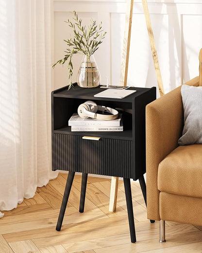 Black Nightstand with Outlet,Modern Bedside Table with Storage Drawer and Open Wood Shelf, for Living Room, Bedroom and Small Spaces, Accent Night Stand with Solid Wood Legs, Easy Assembly