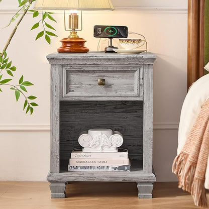 SAVOR LIFE Farmhouse End Tables Living Room Set of 2, Rustic Wood Nightstand with 1 Drawer, Bedside Table with Open Shelf for Bed Room, Side Table for Living Room, Grey