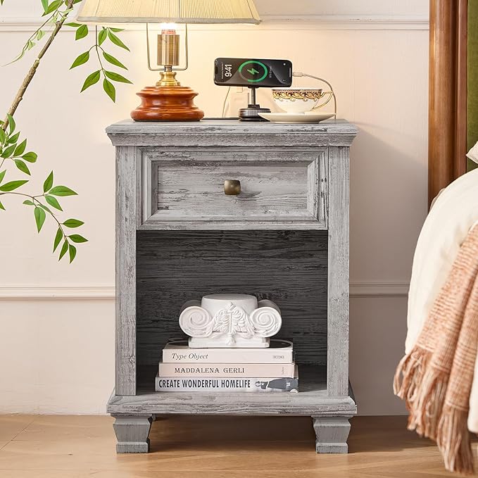 SAVOR LIFE Farmhouse End Tables Living Room with Drawer, Rustic Wood Nightstand with Charging Station, Bedside Table with Open Shelf for Bed Room, Living Room, Grey