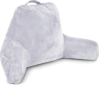 Husband Pillow Light Grey, Original Reading Pillow in Bed Rest Chair, Shredded Memory Foam Large Lounge Cushion Adult Backrest with Arms, Comfy Back Support for Sit Sitting Up, Wash/Removable Cover