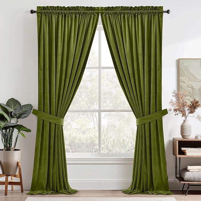 StangH Green Velvet Curtains for Living Room, 96 inches Long Thermal Insulated Blackout Window Drapes for Sliding Door, Christmas Holiday Backdrops, Olive Green, W52 x L96, 2 Panels
