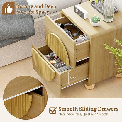 23" Fluted Nightstand with Solid Wood Legs Set of 2, Modern Style Natural Bedside Table with Round Moon Handle & Storage, Mid Century Cute Night Stand for Bedroom, Side Table, End Table