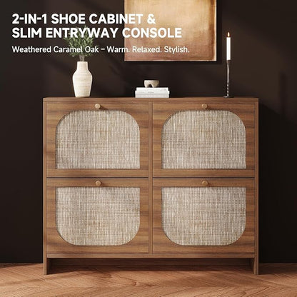 Nicetree Freestanding Ultra Slim Arched Rattan Accent Shoe Storage Cabinet for Entryway - 4 Flip Drawers & 3-Tier Adjustable Shelves, Farmhouse Modern Rustic Shoe Rack for Hallway, Foyer