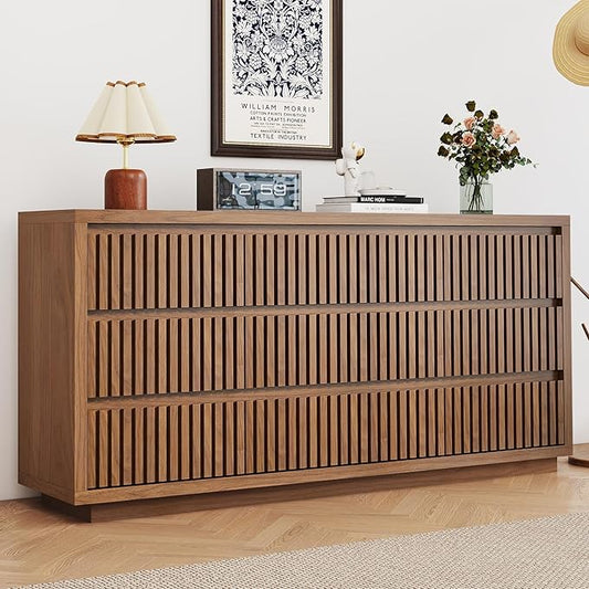 Fluted Long 9 Drawer Dresser, Large Mid Century Dresser for Bedroom, 58" Wide Vintage Chest of Drawers, Wood Closet Clothes Organizer, Walnut TV Stand for Living Room, Wooden, Brown