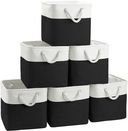 Large 11x11 Inch Cube Storage Bins with Cotton Handles for Closet, Shelves, Clothes, Towel (White/ Black-6 Pack)