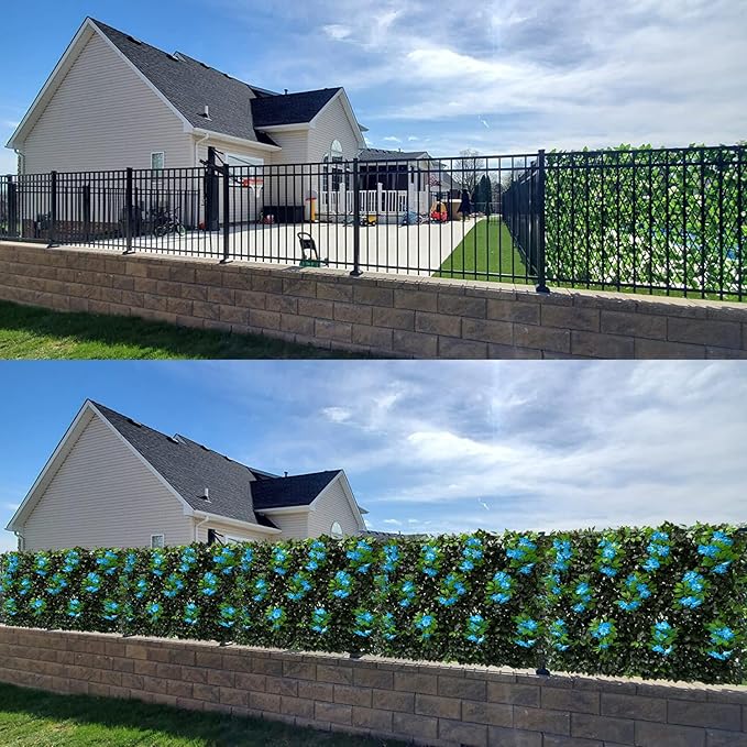 Sumery Expandable Fence Privacy Screen for Balcony Patio Outdoor,Decorative Faux Ivy Fencing Panel,Artificial Hedges (Single Sided Leaves) (2, Branches -Blue Fowers)