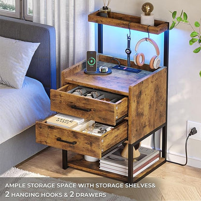 VIAGDO Nightstand with Charging Station and LED Lights, Rustic Brown Bedside Night Stands with 2 Drawers and Open Storage Shelves, Modern End Side Tables for Bedroom,Office