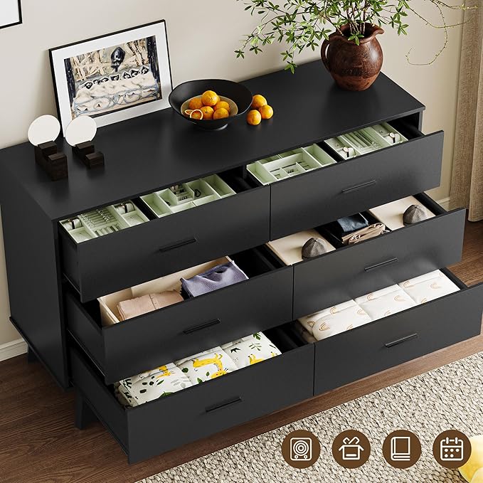 Dresser for Bedroom with 6-Drawer, 47.2" Modern Chest of Drawers with Metal Handles, X-Shape Base & Adjustable Center Leg, Anti-Tip Closet Organizers and Storage