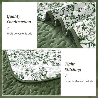 WONGS BEDDING Quilt King Size, Green Quilt Bedding Set with 2 Pillowcases, Botanical Quilt for King Bed, Soft Microfiber Lightweight Coverlet Bedspread for All Season (110"×90", 3 Pieces)