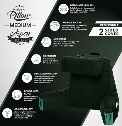 Husband Pillow Medium Aspen Edition Ramona Green, Sit Up Reading & Bed Rest with Arms, Ultra-Comfy, Detach Neck Roll - Premium Shredded Memory Foam Backrest, Reverses to Micro: Suede or Plush