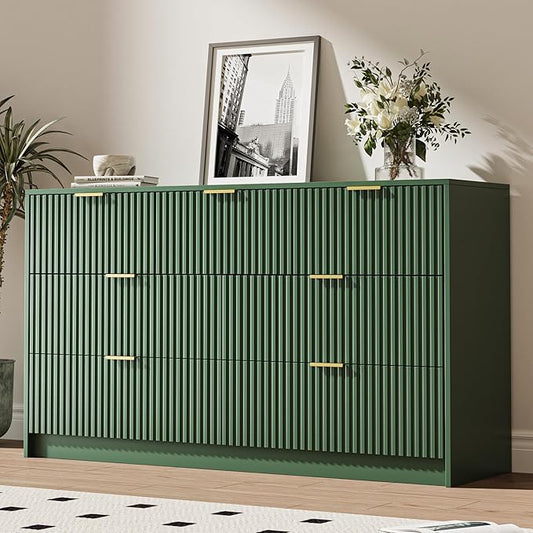 Green 7 Drawer Dresser for Bedroom, 55.9" Wide Modern Fluted Dresser with Gold Metal Handles, Wide Chest of Drawers for Bedroom, Living Room, Entryway, Hallway