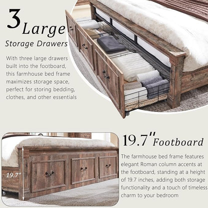 Farmhouse King Size Bed Frame with 51" Tall Headboard, Wood Platform Bed Frame with 20" Tall Roman Column Decoration Footboard & 3 Large Storage Drawers, No Box Spring Needed (Light Brown)