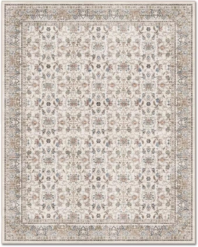 Washable 9x12 Area Rugs for Living Room, Boho Non-Slip Vintage Distress Lager Rugs for Bedroom Dining Room Nursery Office, 0.3" Neutral Oriental Throw Thin Carpet, Cream/Blue/Orange/Multi