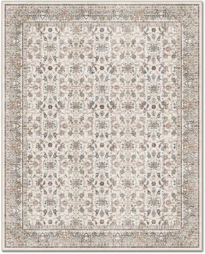 Washable 4x6 Rugs for Living Room, Boho Non-Slip Vintage Distress Small Rugs for Bedroom Nursery Office, 0.3" Neutral Oriental Throw Thin Carpet with Cushioning Pad,Cream/Blue/Orange/Multi