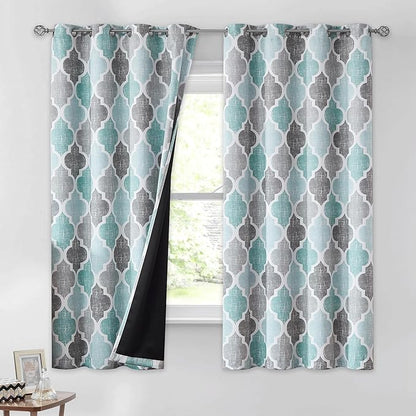 Beauoop 100% Blackout Curtains 63 Inches Long 2 Panels for Bedroom Living Room Aqua Grey Moroccan Geo Room Darkening Thermal Insulated Soundproof Grommet Top Window Treatments Drapes, 50x63 Set of 2