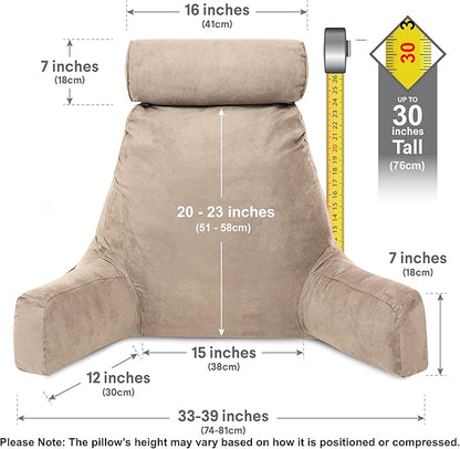 Husband Pillow XXL Aspen Edition, Adult Reading Sit Up Bed Rest Pillow for Bed with Arms & Neck Roll on Bungee Cord - Premium Memory Foam - Reversible 2 Sided Cover Micro Suede or Plush, Cowboy Taupe