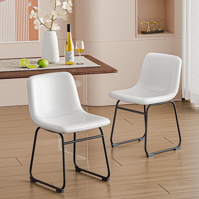 Dining Chairs Set of 6, 18 Inch Modern Armless Dining Chair with Back, Faux Leather Kitchen Dining Room Chair with Metal Legs for Home, Bistro Coffee Shops (White)