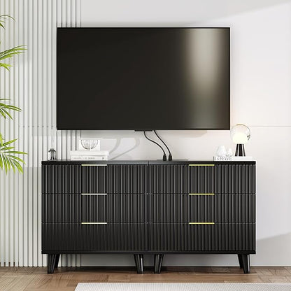 Fluted Night Stand Set of 2 with USB Charging Station, 3-Drawer Dresser Black Wood Modern Night Stand Bedside Table with Quiet Drawers & Large Storage End Table for Bedroom