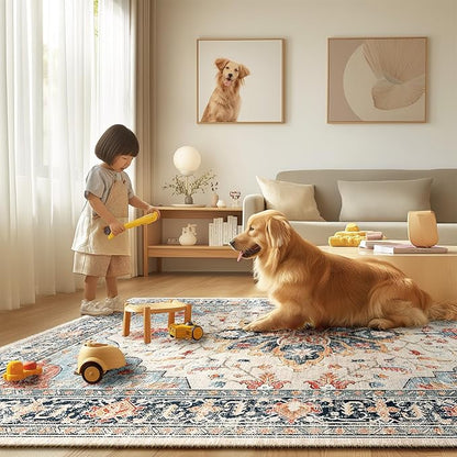 Area Rugs Square 4ft Washable Non-Slip, Floral Vintage Distress Print Pattern Medallion Carpet for Living Room Bedroom Dining Room, Beige Navy Blue Orange Colorful