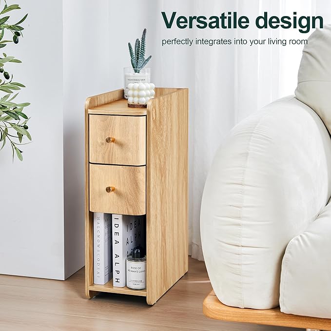 Small Nightstand Set of 2, Wood 2 Drawer Narrow Nightstand, Slim Side Table, Modern Skinny End Bedside Table, Natural Wood Night Stand with Drawers for Bedroom (Natural-2 pcs)