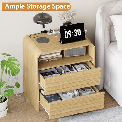 24" Wide Modern Fluted Nightstand with Charging Station, Wood Bedside Table with 2 Storage Drawers, Mid Century End Table Nigthstand with Curved Profile for Bedroom, Living Room, Natural Oak