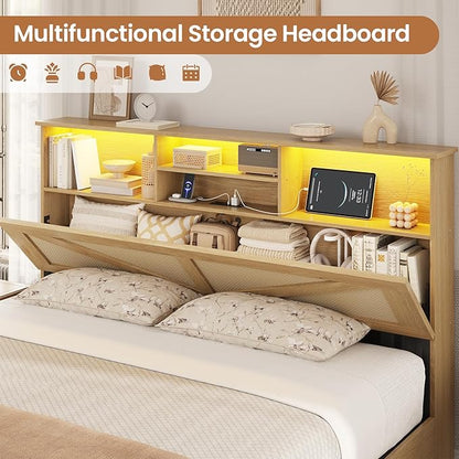 VIAGDO Rattan Bed Frame Queen Size with Bookcase Storage Headboard, Charging Station and LED Lights, Wooden Queen Bed Frame with 4 Drawers, Barn Door Design, No Box Spring Needed, No Noise, Natural