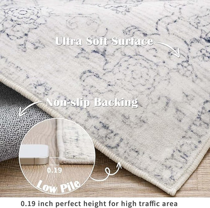 jinchan Runner Rug 2x6 Kitchen Rugs Hallway Runner - Machine Washable Vintage Floral Non-Slip, Low Pile Soft Ultra-Thin Distressed Carpet for Entryway Farmhouse Bedroom Laundry Room (2’x6’, Ivory)