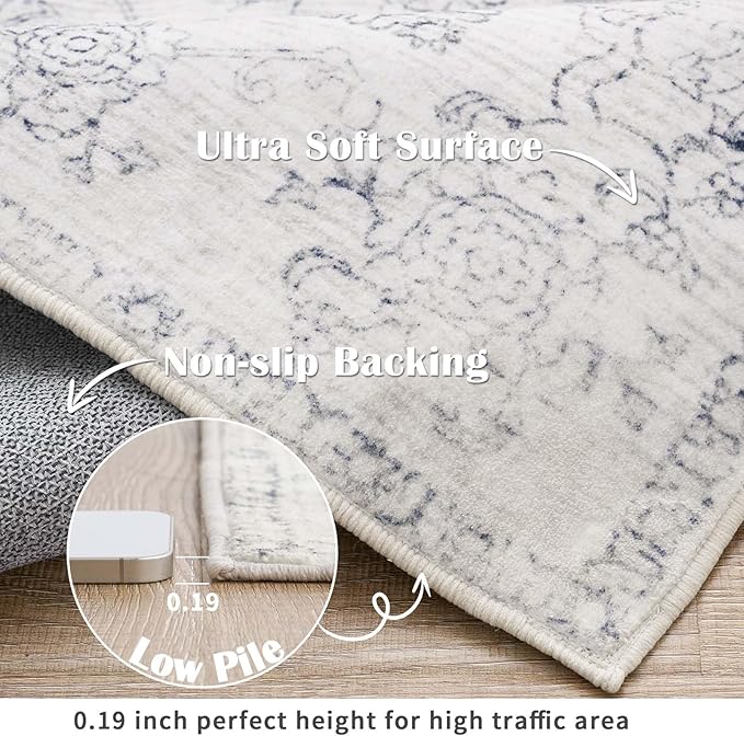 jinchan Runner Rug 2x5 Kitchen Rugs Hallway Runner - Machine Washable Vintage Floral Non-Slip, Low Pile Soft Ultra-Thin Distressed Carpet for Entryway Farmhouse Bedroom Laundry Room (2’x5’, Ivory)