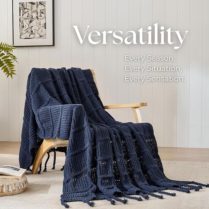 Boho Knitted Chenille Blanket with Tassels - Lightweight & Soft All-Season Throw - 3D Classic Pattern for Living Room Bedroom Couch, Royal Blue, King 90"x108"