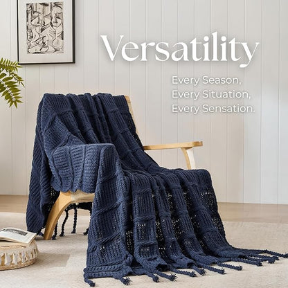 Boho Knitted Chenille Blanket with Tassels - Lightweight & Soft All-Season Throw - 3D Classic Pattern for Living Room Bedroom Couch, Royal Blue, Queen 90"x90"
