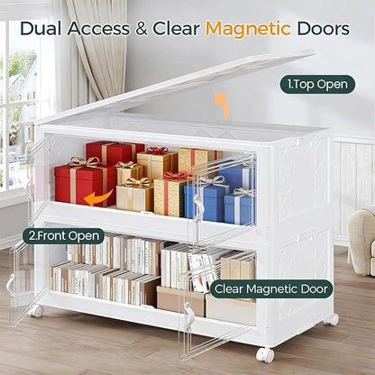 900QT Extra Large Stackable Storage Bins with Lid, 225Gal Collapsible Storage Box with Wheels and Doors, Plastic Closet Organizer and Storage Cabinet for Home Kitchen Office Dorm, 5Pack White