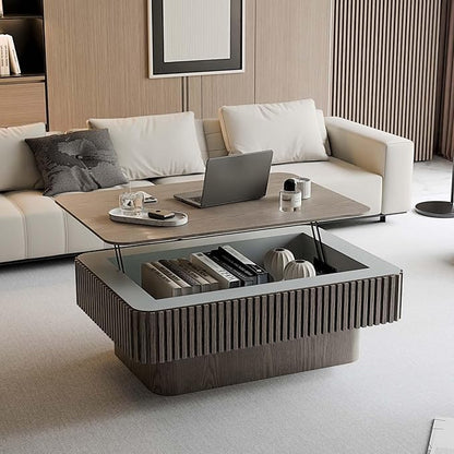 Lift Coffee Table with Storage & Adjustable Height, Rectangle Solid Wood Coffee Table Fluted Center Table Accent Tea Table or Living Room, Apartment, Office (38.6" Grey)
